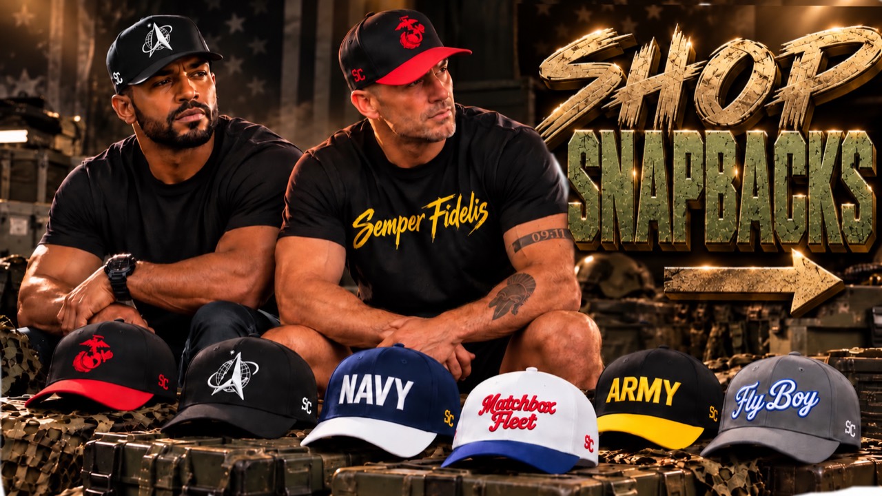 SC Snapbacks: Space Force, Marine Corps, Navy, Matchbox Fleet, Army, and Fly Boy styles.