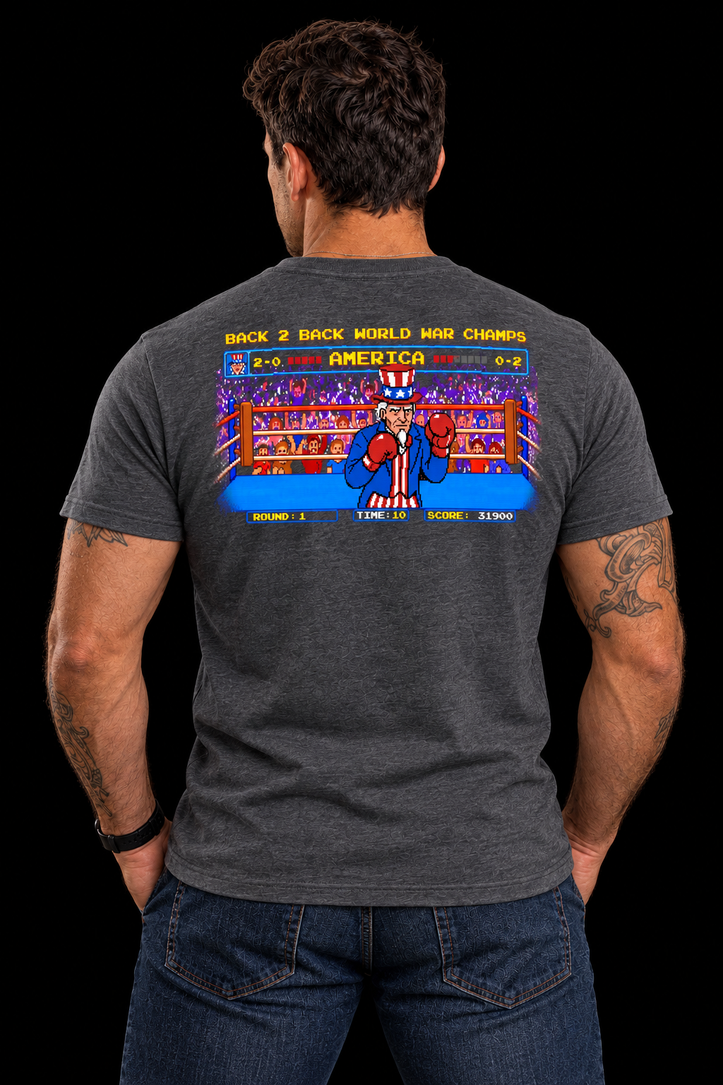 2X Champs Tee in Grey on model, back view