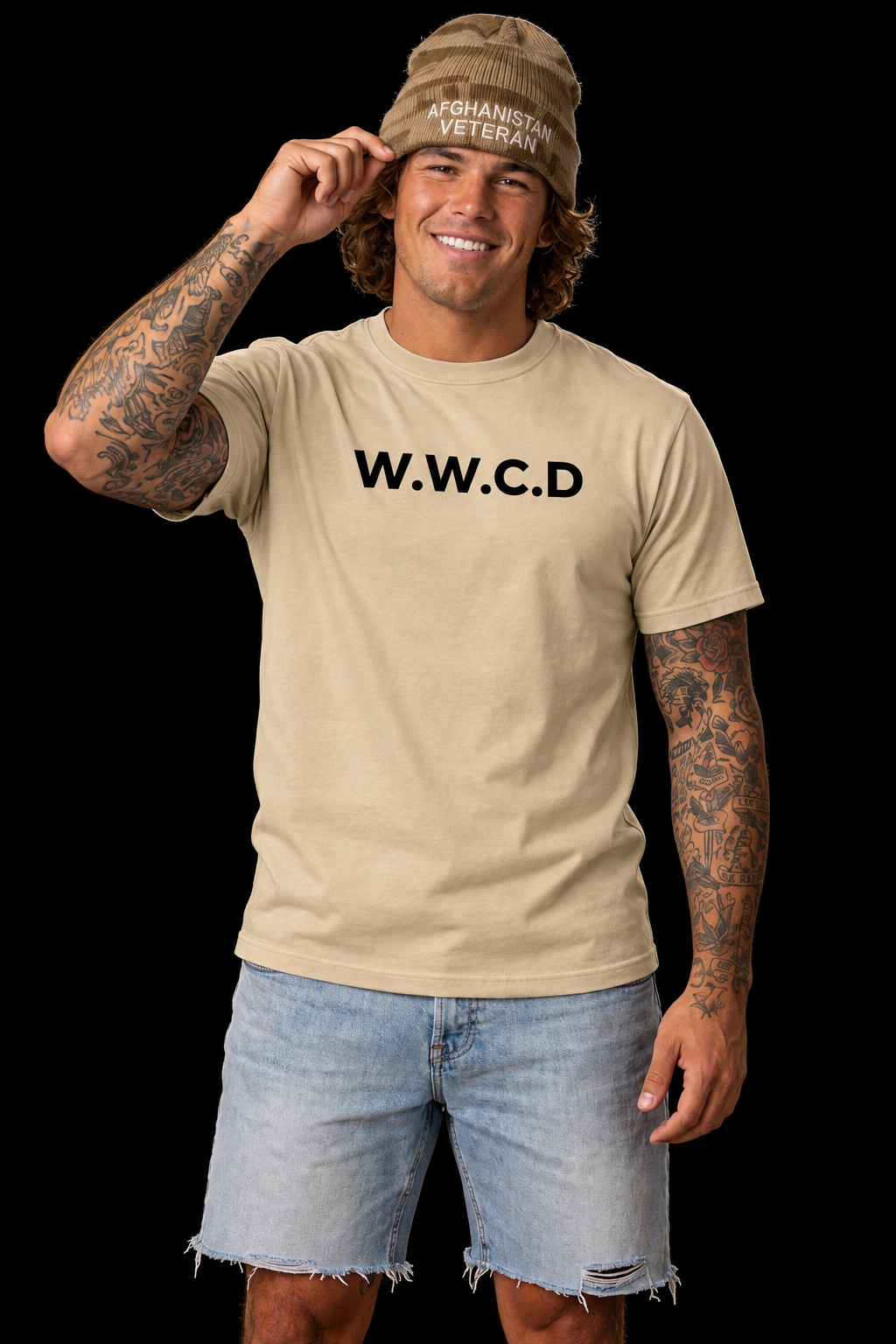Ask Yourself Tee in Tan on model, front view