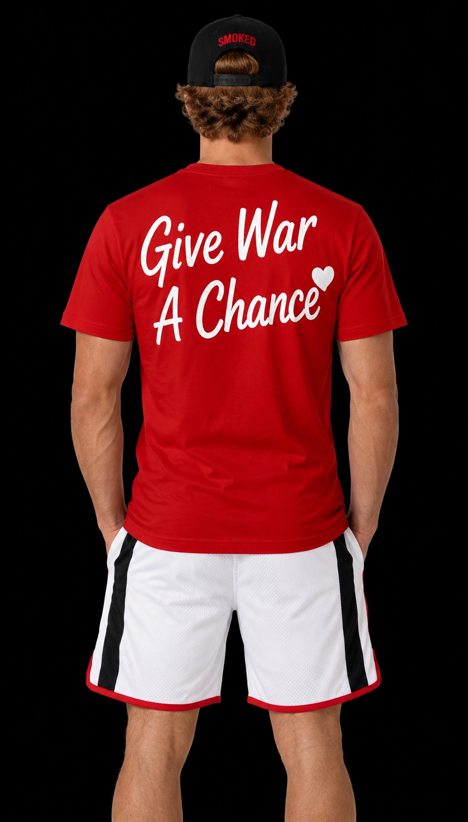 Give War A Chance Tee in Red on model, complete back view
