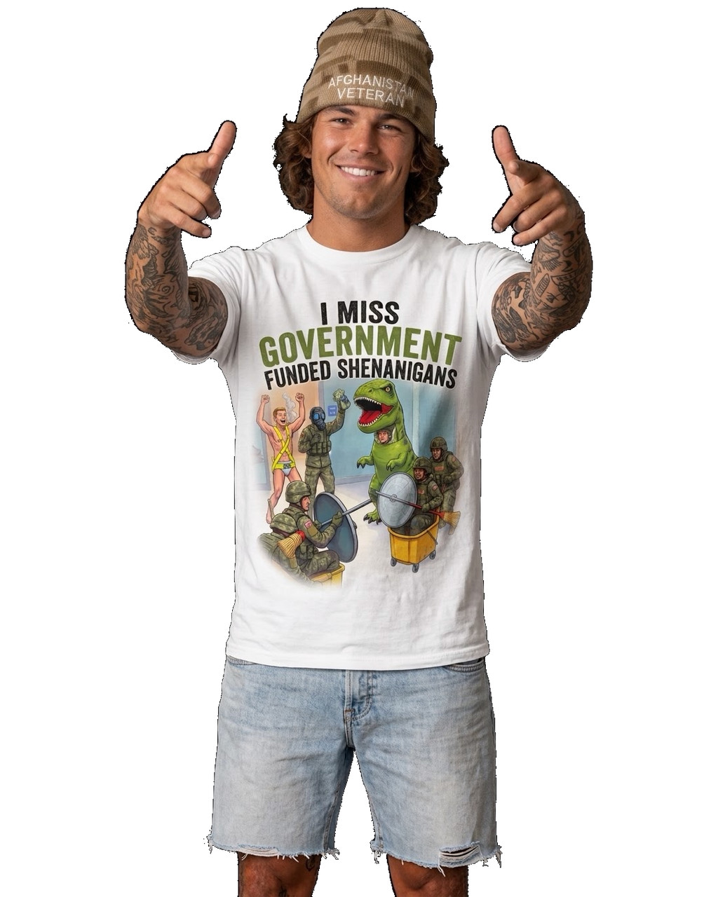 Government Shenanigans Tee on model, front view