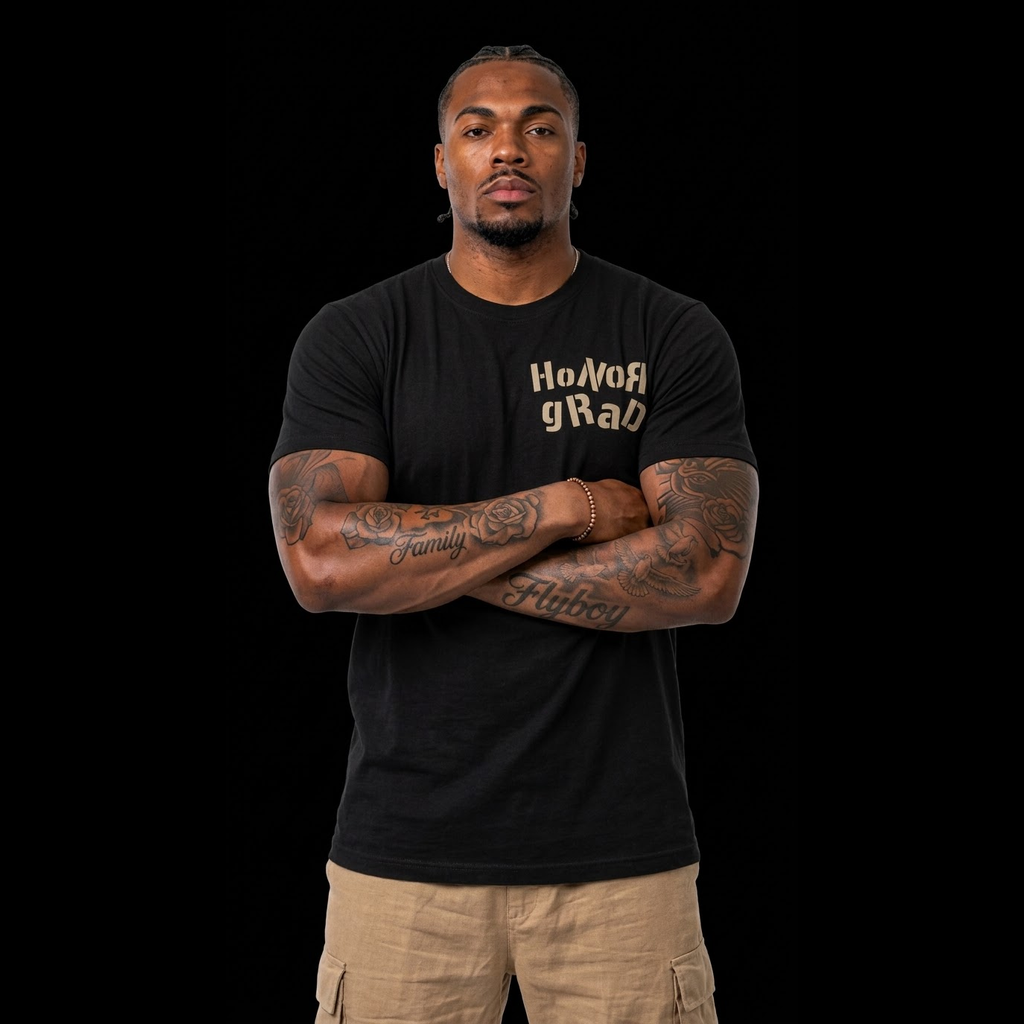 Honor Grad Tee in Black on model, front view 1