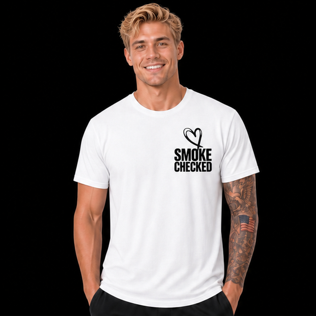 Killed For Less Tee in White on model, complete front view