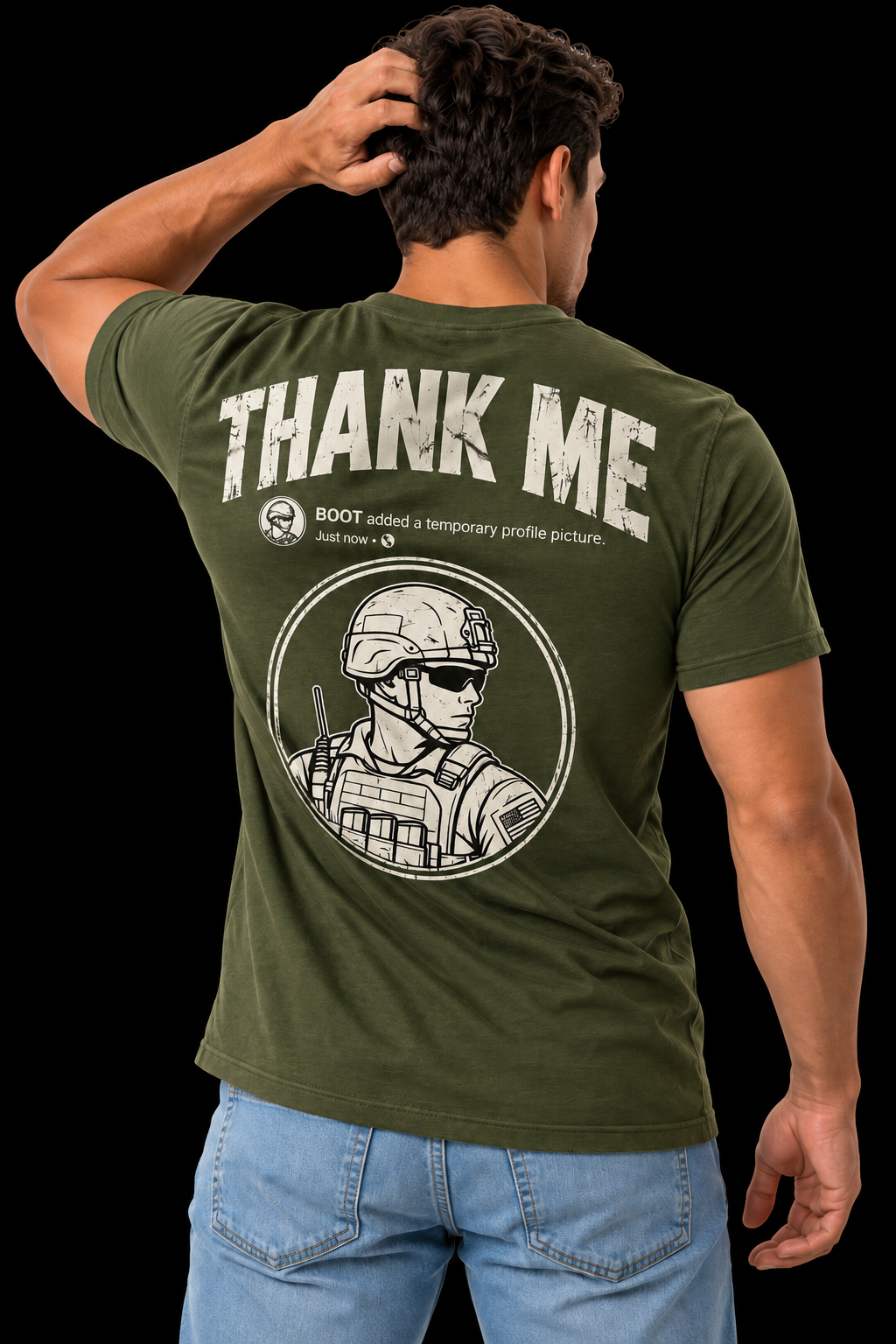 THANK ME TEE in Green on model, back view