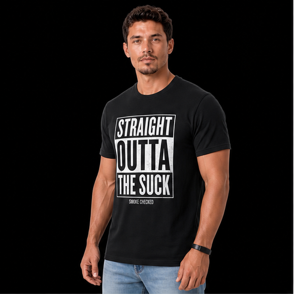 The Suck Tee in Black on angled model, complete front view