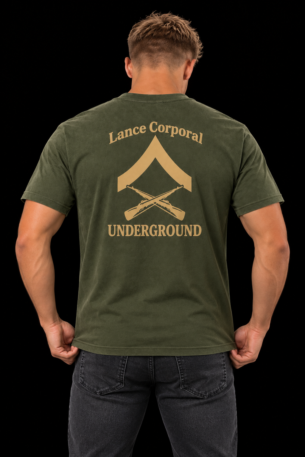 The Underground Tee in Green on model, back view